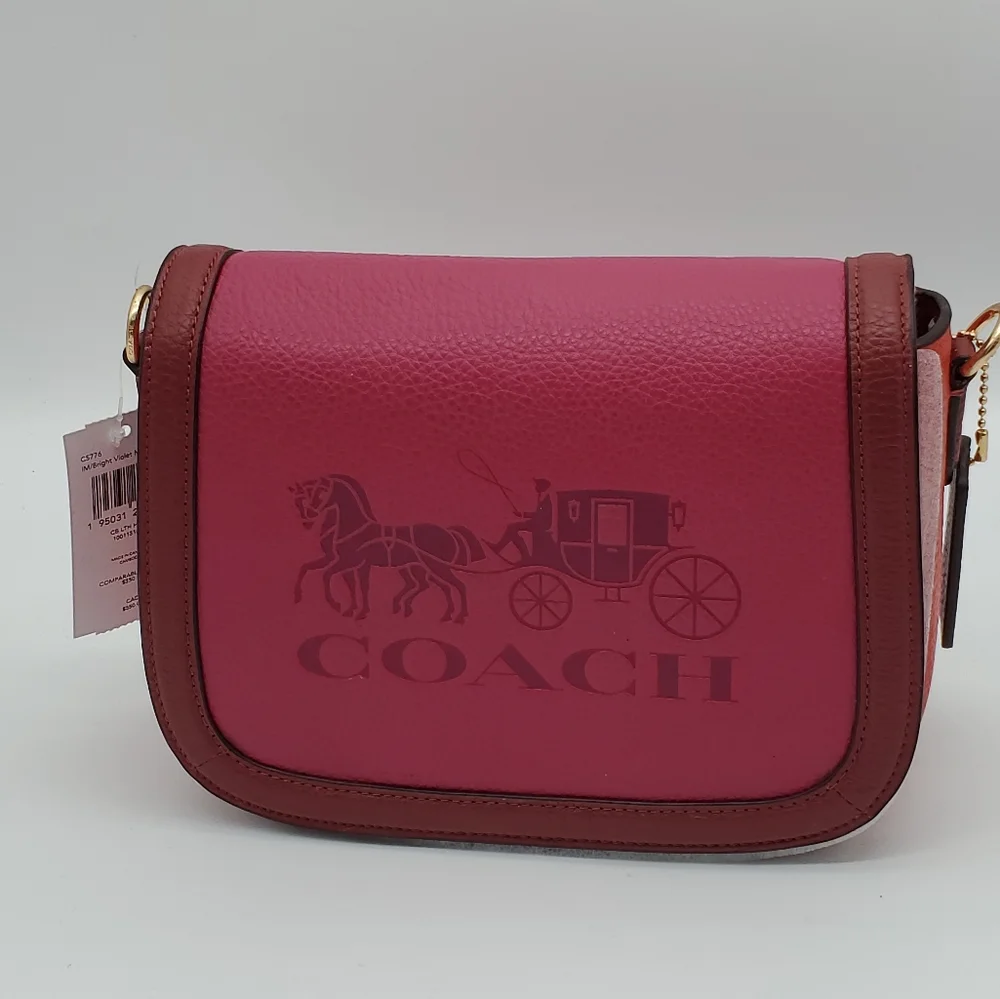 Coach Saddle with Horse & Carriage Leather Crossbody Colorblock Pink Ra - Picture 4 of 16